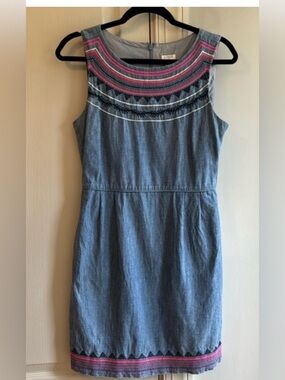 J. Crew Chambray Sleeveless Dress with Pink Embroidery Cottagecore Boho Sz 6